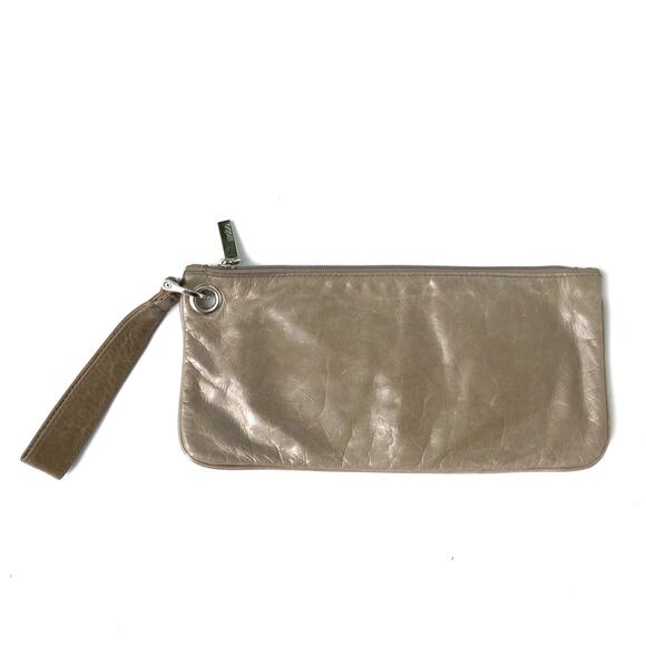 HOBO International Vida Wristlet Clutch Taupe Glazed Leather Silver Wallet Purse - Picture 1 of 15